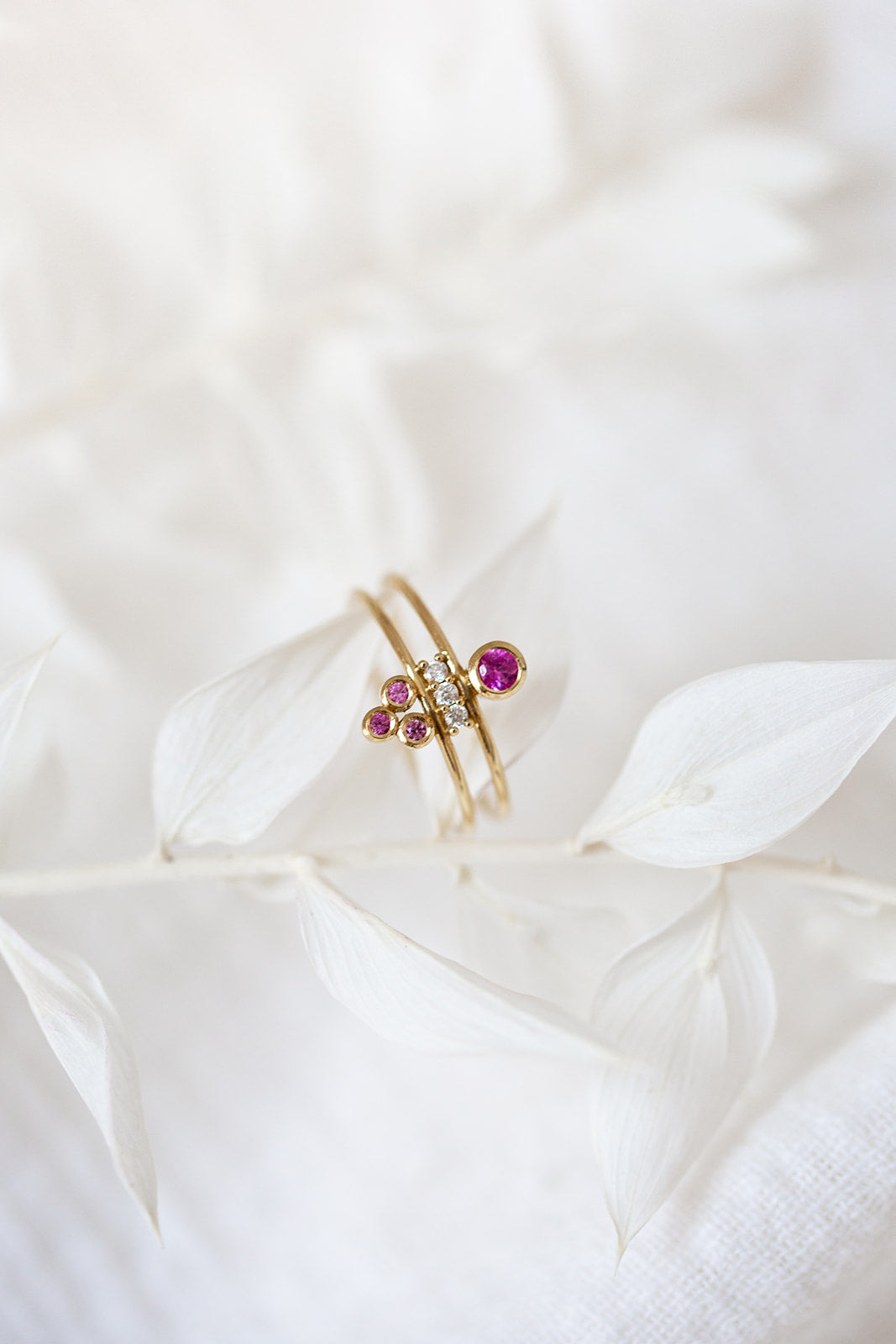 Synchronicity ring 2 diamonds and pink sapphires